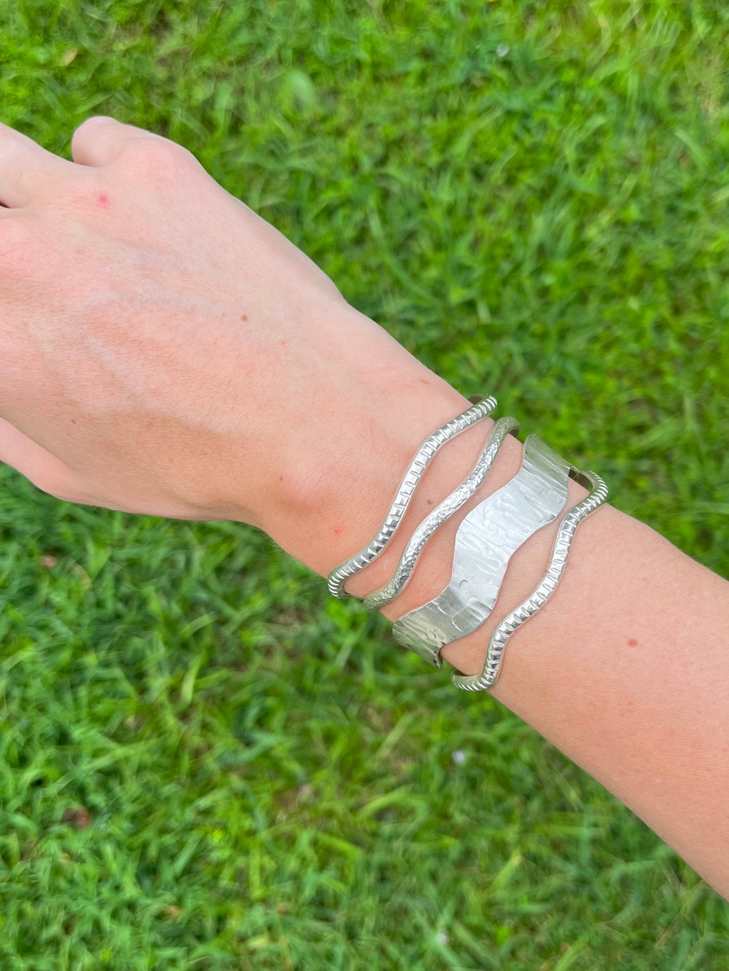 Silver Textured Wave Cuff-Thick