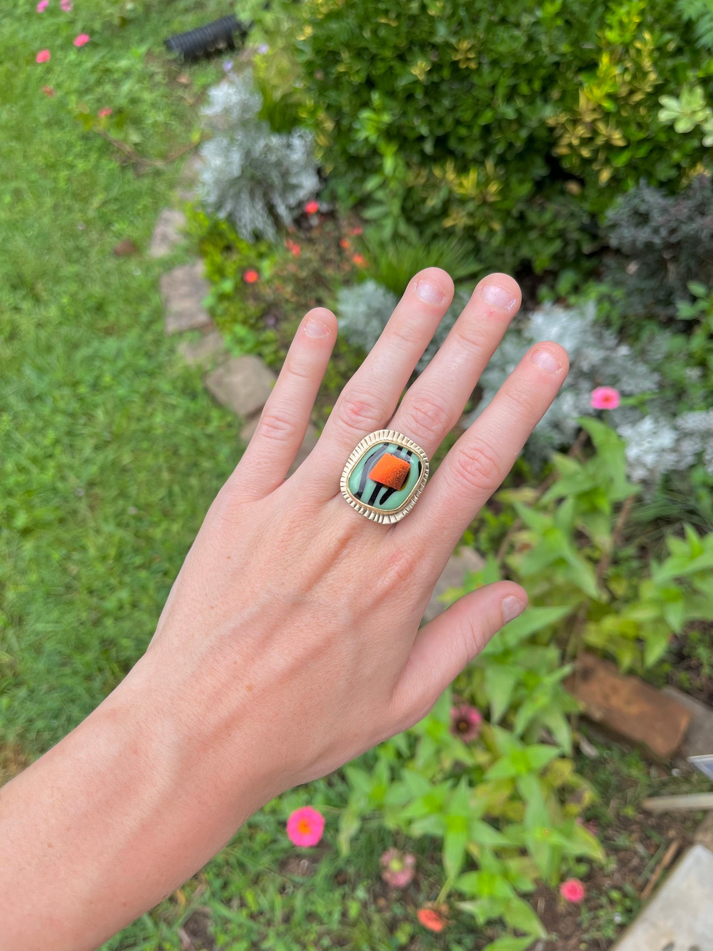 Brass and Blown Glass Bezel Cocktail Ring